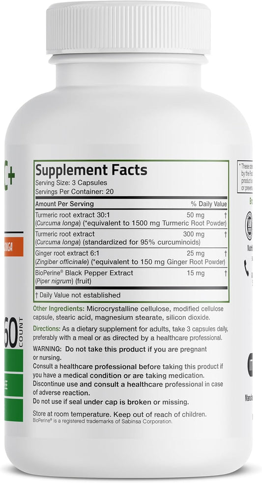 Bronson Turmeric + Ginger Extra Strength Joint Health & Digestion Support With Bioperine, Non-Gmo, 60 Vegetarian Capsules