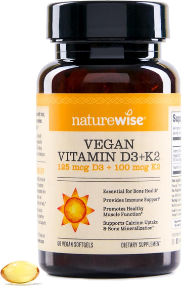 Naturewise Vitamin D3 + K2 With Plant Based Vitamin D 5000Iu & 100Mcg Vitamin K2 As Mk-7 - Max Absorption - Vegan Non-Gmo - Immune Support - With Extra Virgin Olive Oil - 60 Softgels[2-Month Supply]