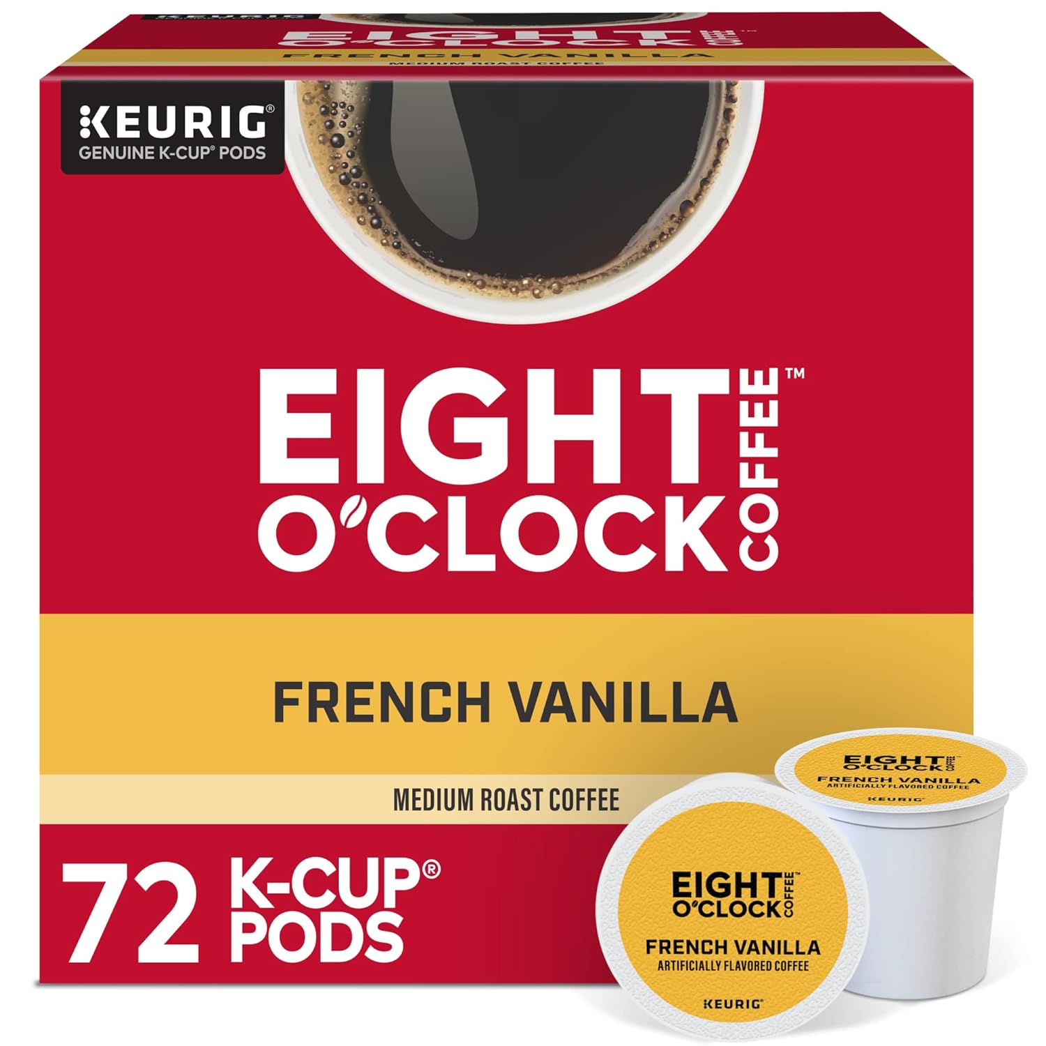 Eight O'Clock Coffee French Vanilla, Keurig Single Serve K-Cup Pods, Light Roast, 72 Count (6 Packs Of 12)