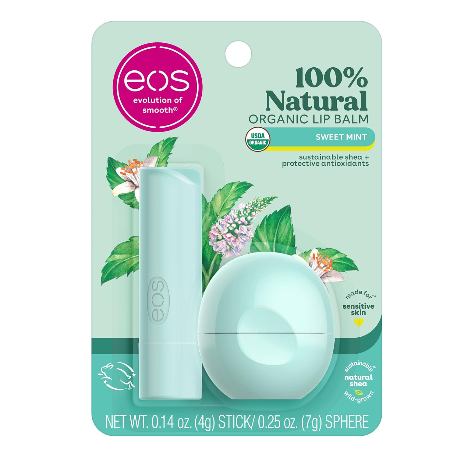 Eos 100% Natural & Organic Lip Balm- Sweet Mint, Dermatologist Recommended, All-Day Moisture Lip Care, 0.39 Oz, Stick & Sphere