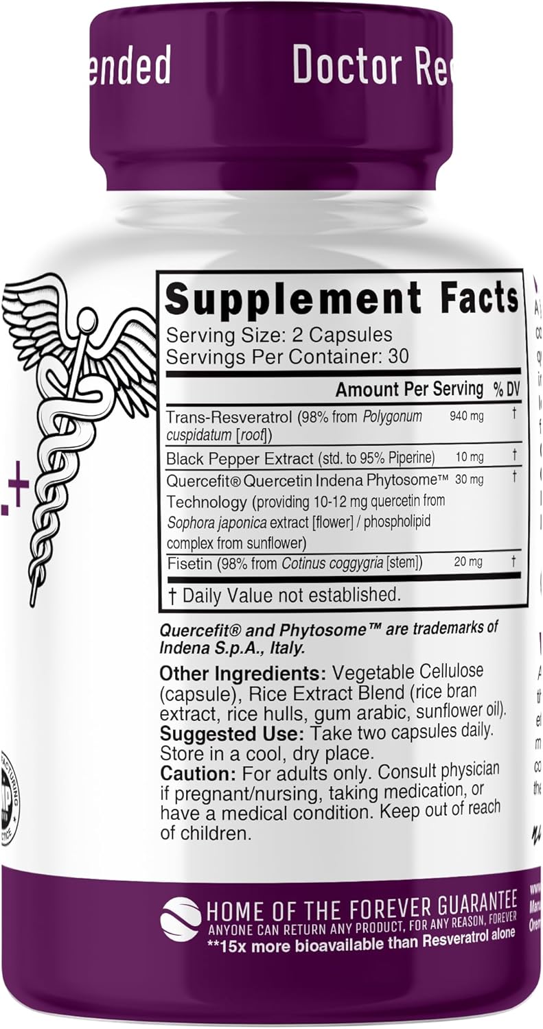 Nutri Resveratrol Supplement 1000Mg (Ultra High Purity Trans-Resveratrol) - 15X More Bioavailable With Liposomal Quercetin And Fisetin - Antioxidant, Longevity, Organic Piperine - 60 Vegan Capsules