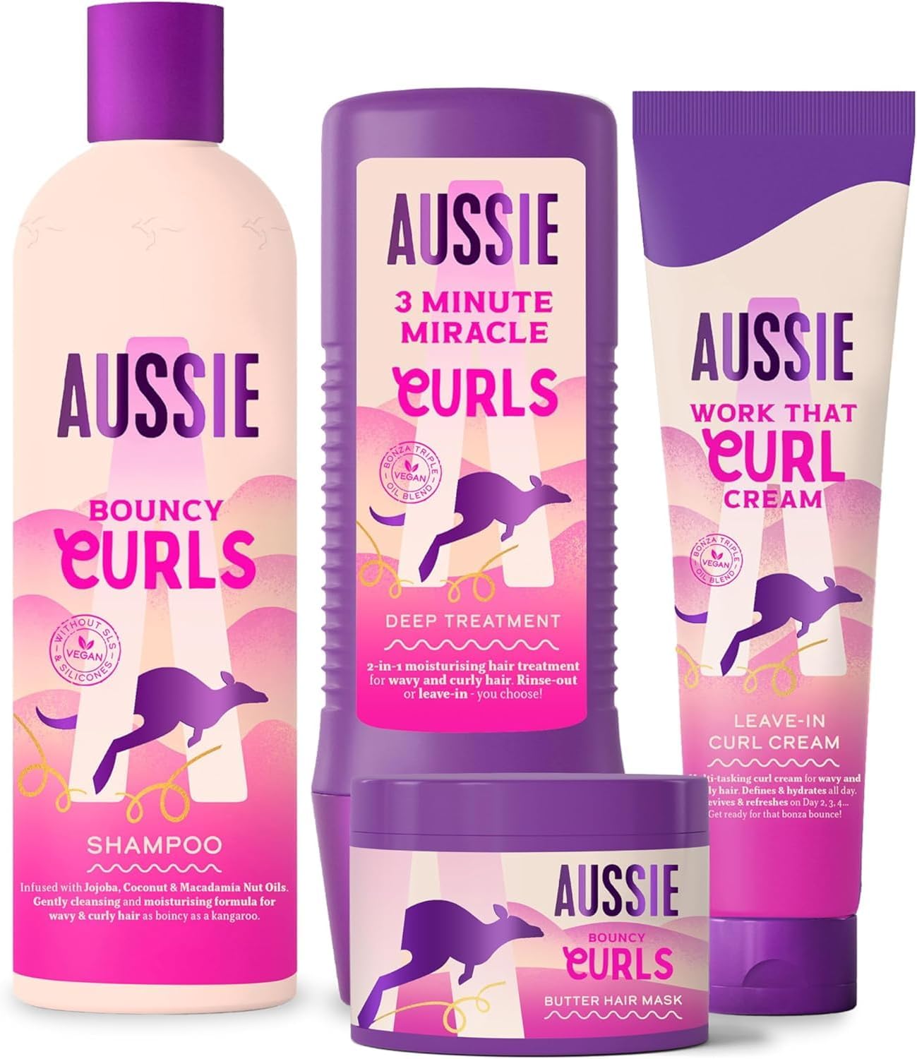 Aussie Curls Shampoo And Conditioner Set With Leave In Conditioner Curl Cream And Curl Hair Mask. Curly Hair Products With Coconut Oil. 300/225/160/450Ml