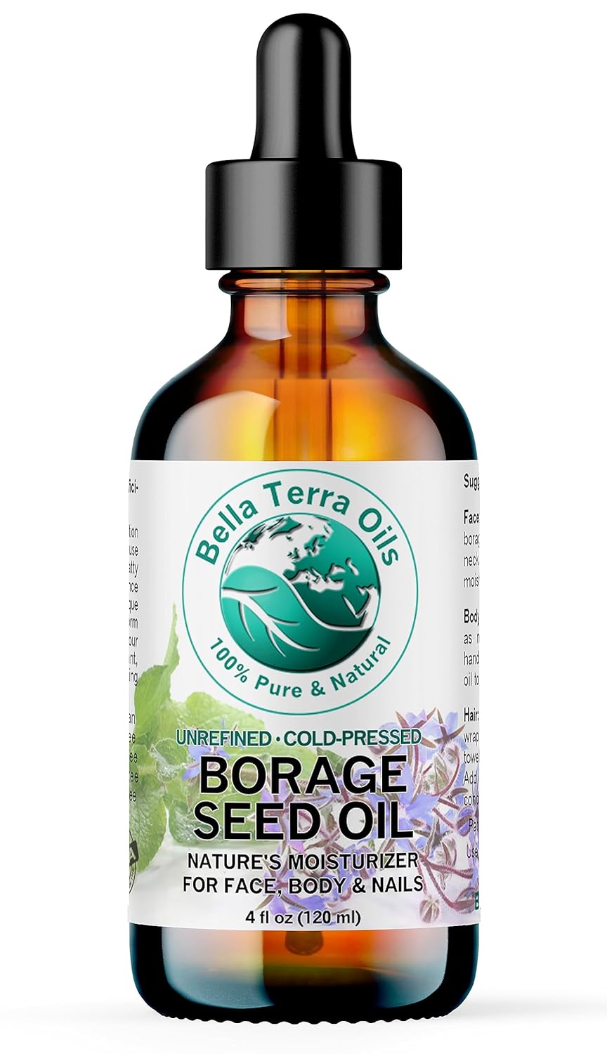 Bella Terra Oils - Organic Borage Seed Oil 4 oz - Rich in GLA, Pure & Untouched, Abundant in Omega-6 Fatty Acids, Elevate Skin's Natural Radiance & Softness