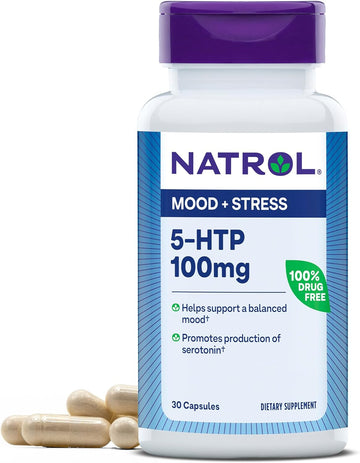 Natrol Mood + Stress 5-HTP 100 mg, Dietary Supplement for a Balanced Mood, Capsules for Adults, 30 Capsules, Up to a 30 Day Supply