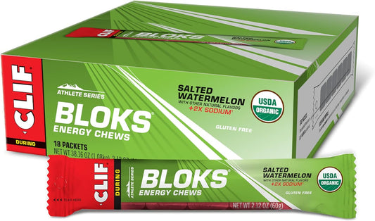 Cliff Bloks Salted Watermelon 2X Sodium & Black Cherry Caffeine Energy Chews Bundle - 2 Packs 18 Count 2.12Oz Each - Quick Carbs And Electrolytes For Cycling Running