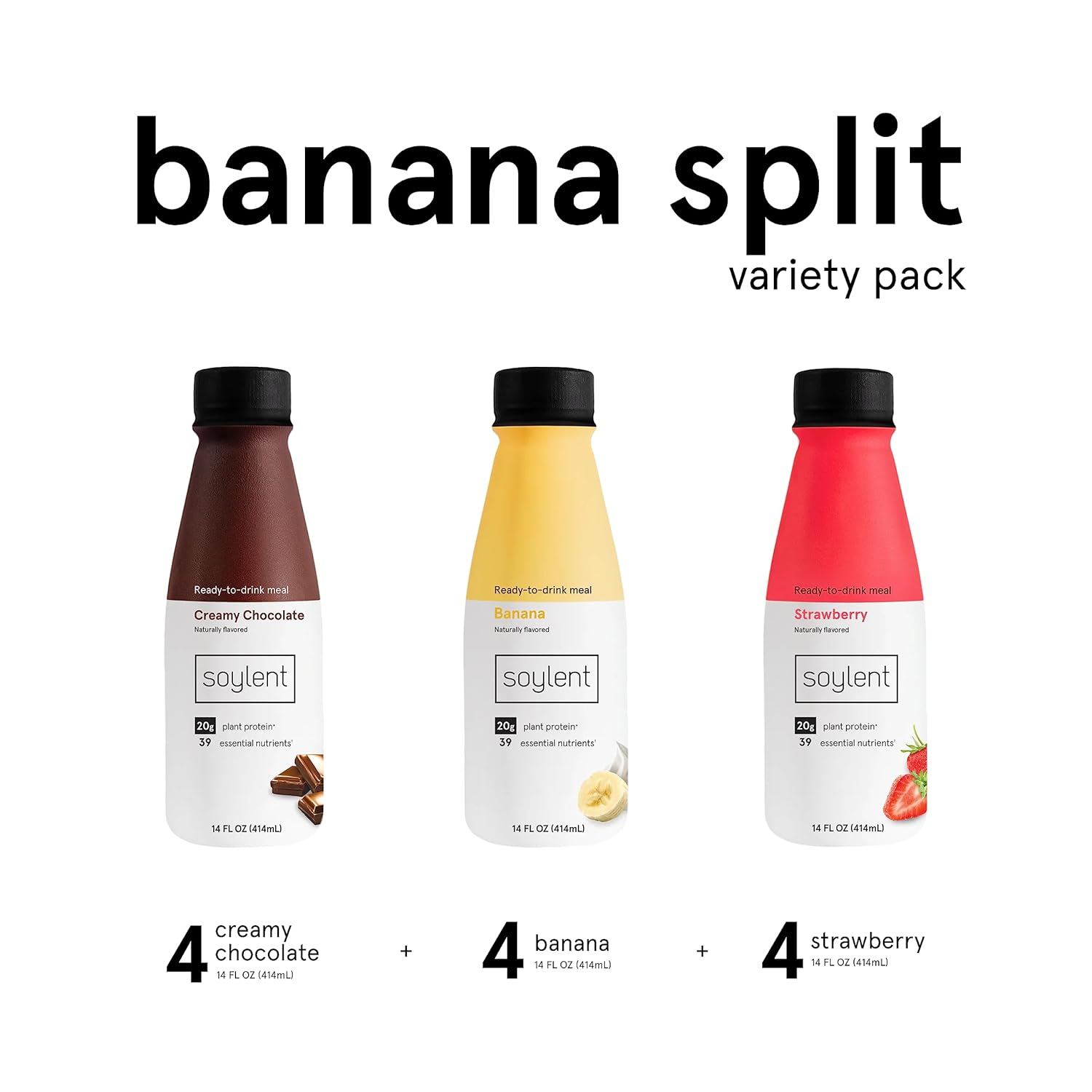 Soylent Meal Replacement Shake, Banana Split Variety Pack, Contains 20G Complete Vegan Protein, Ready-To-Drink, 14 Fl Oz (Pack Of 12)