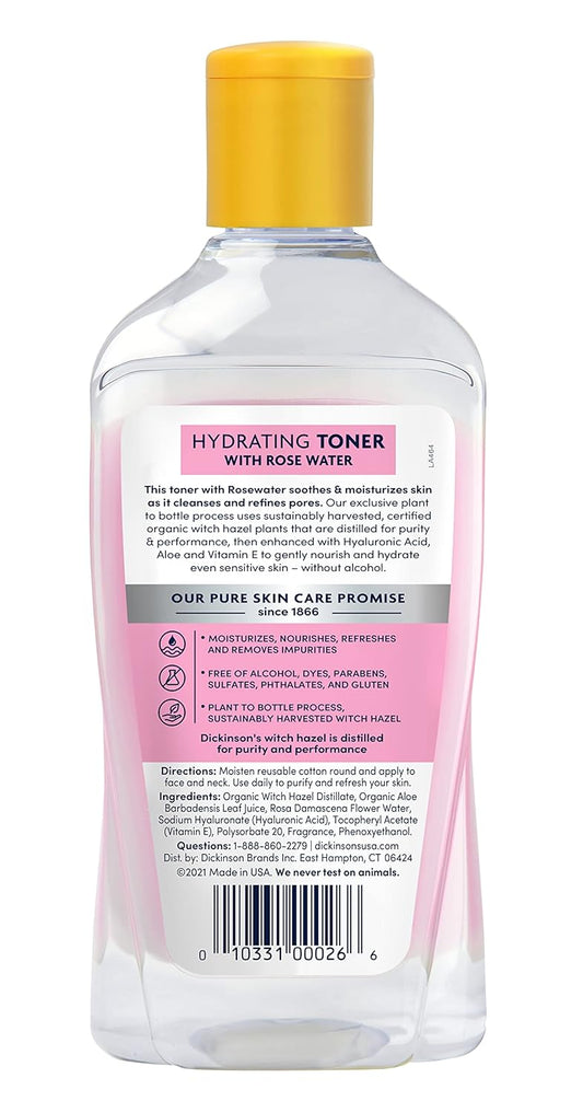 Dickinson'S Enhanced Witch Hazel Hydrating Toner With Rosewater, Alcohol Free, 98% Natural Formula, 16 Fl Oz (Pack Of 1)