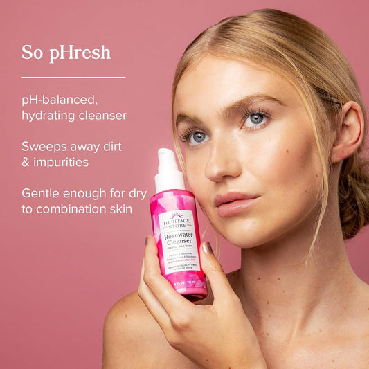 Heritage Store Rosewater Cleanser And Facial Moisturizer - 2-Step Skin Care Bundle - Soothing Face Wash And Gel Moisturizer - Dry/Combination Skin - Hypoallergenic, Vegan, 60-Day Guarantee, 4Oz, 2Oz