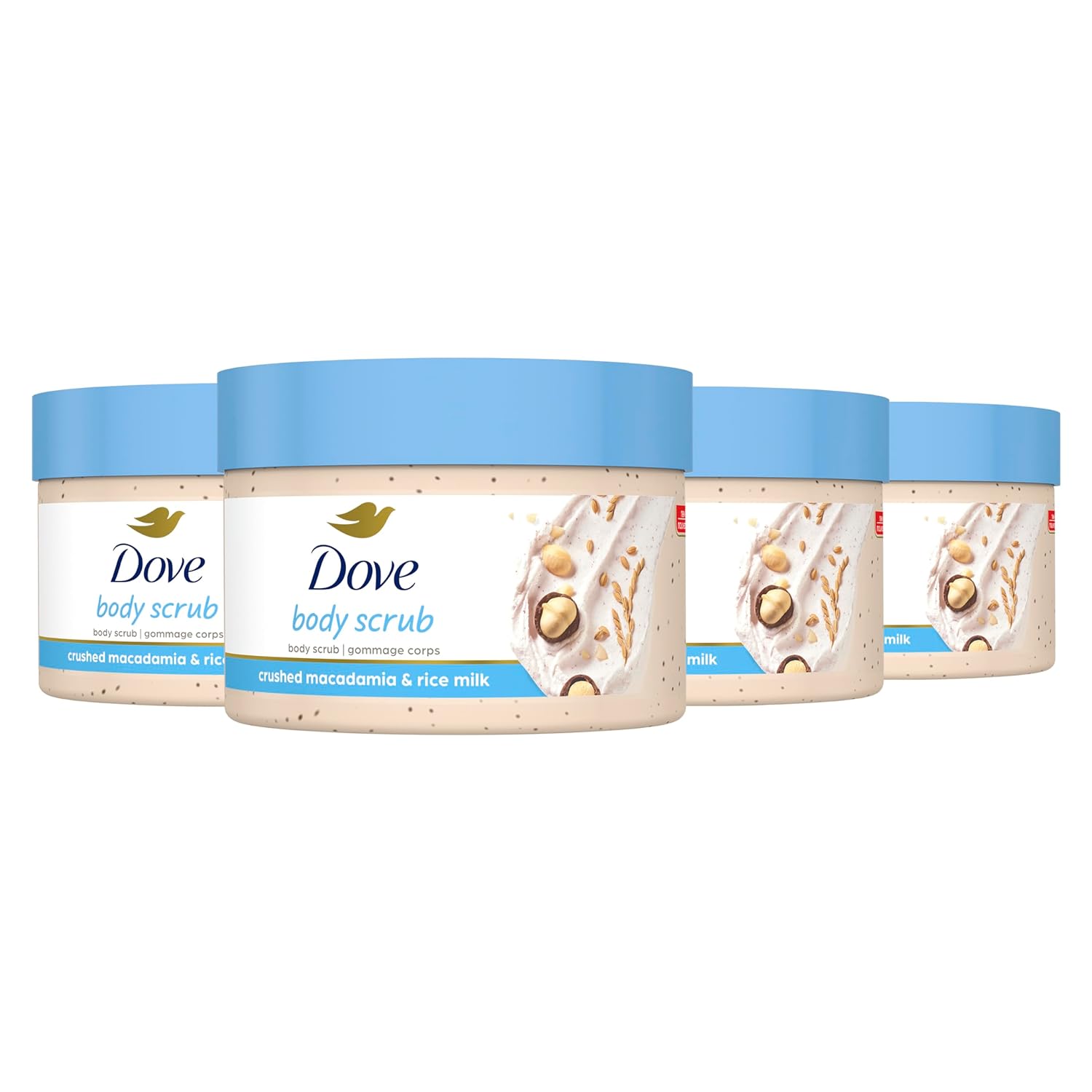 Dove Exfoliating Body Polish Scrub Reveals Visibly Smoother Skin Macadamia & Rice Milk Body Scrub That Nourishes Skin, 10.5 Oz, 4 Count