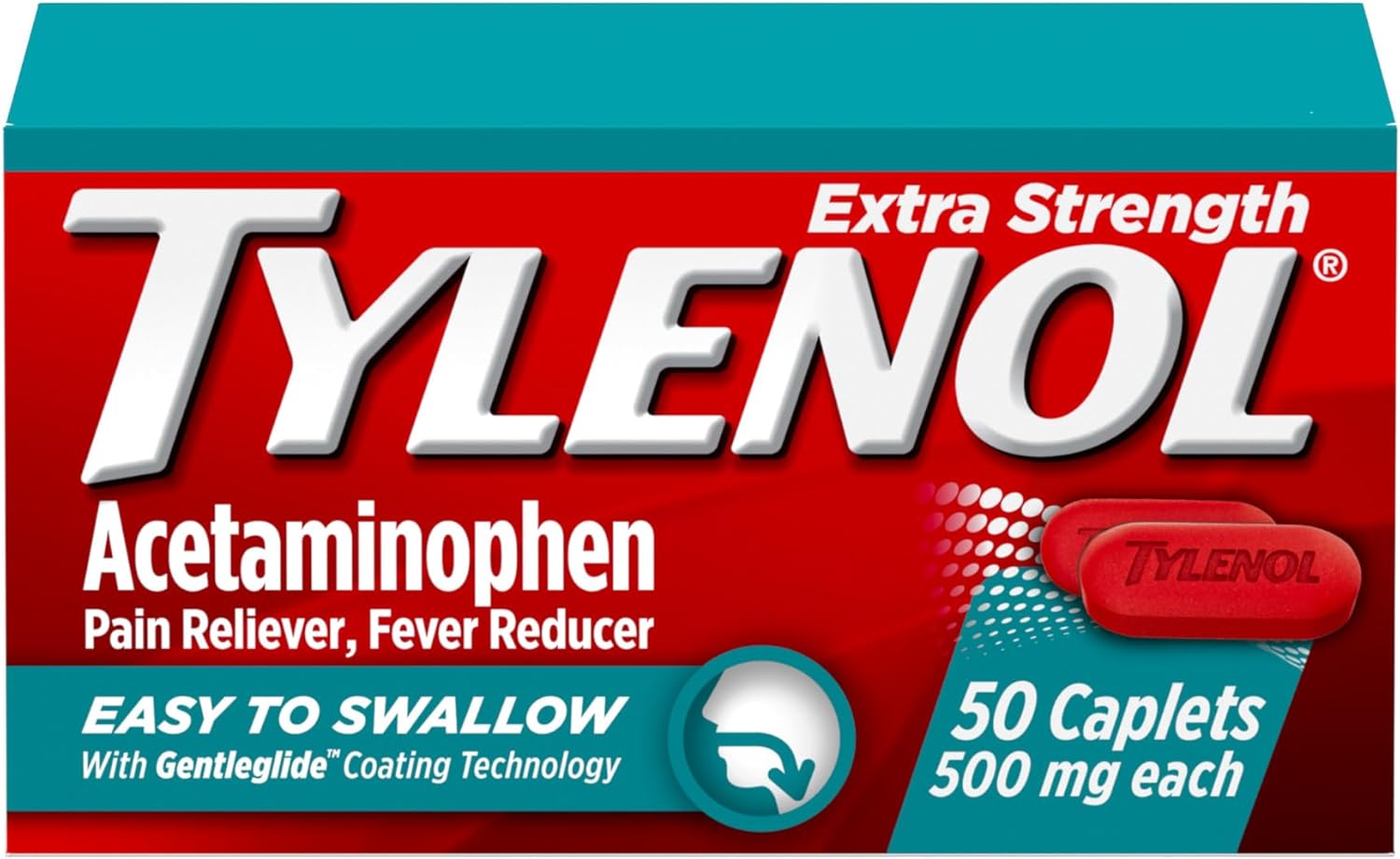 Tylenol Extra Strength Easy To Swallow Acetaminophen, Pain Reliever & Fever Reducer Coated Caplets For Adults With Gentleglide Technology, 500 Mg Extra Strength Acetaminophen, 50 Ct