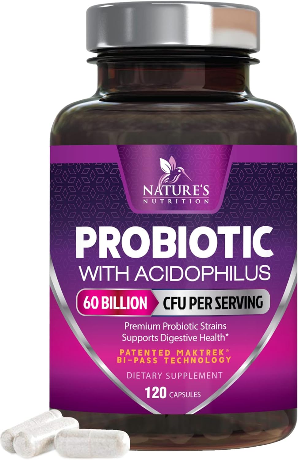 Probiotics, 60 Billion CFU per Serving, Probiotic with Prebiotics for Digestive & Immune Health Support for Women & Men - Nature's Supplement is Shelf Stable, Soy, Dairy & Gluten Free - 120 Capsules