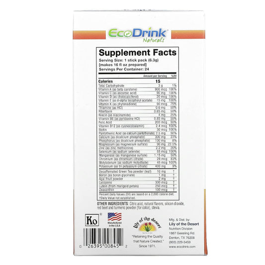 Lily Of The Desert Ecodrink Multivitamin Energy Powder Drink Mix - Electrolytes Antioxidants Nutrients - Sugar And Caffeine Free - Peach Mango Flavor Powder, 24 Packets