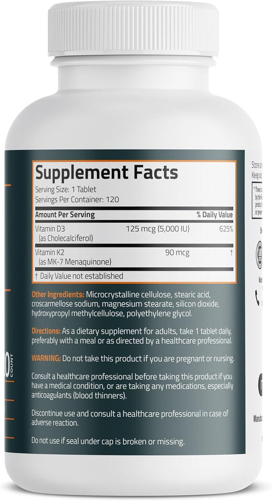 Bronson Basics Vitamin K2 D3 (Mk7) Supplement Non-Gmo Formula 5000Iu (125 Mcg) Vitamin D3 & 90 Mcg Vitamin K2 Mk-7 Easy To Swallow Vitamin D & K Complex, 120 Tablets