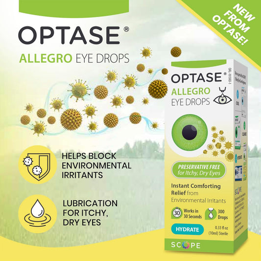 Optase Allegro Eye Drops For Dry Eyes - Lubricating Eye Drops For Dry Eyes - Eye Drops For Red Eyes And Seasonal Irritants - Symptom Relief Eye Drops For Contacts And Itchy Eyes - .33 Oz, 300 Drops