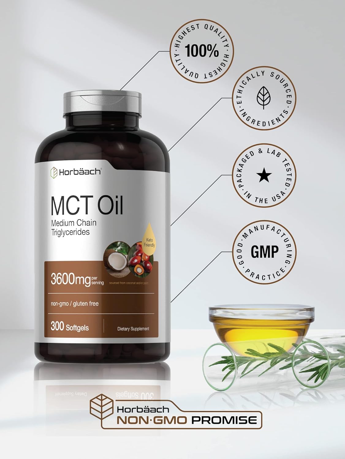 Horbäach Keto MCT Oil Capsules 3600mg | 300 Softgels | Coconut Oil Pills | Non-GMO and Gluten Free Formula | High Potency and Value Size Supplement : Health & Household