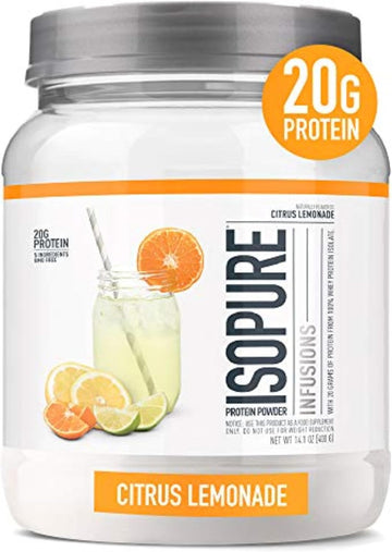 Isopure Clear Whey Isolate Protein Powder Infusions, Lactose Free, Gluten Free, Naturally Flavored, Citrus Lemonade, 20G Protein Per Serving, 14.1 Oz, 16 Servings
