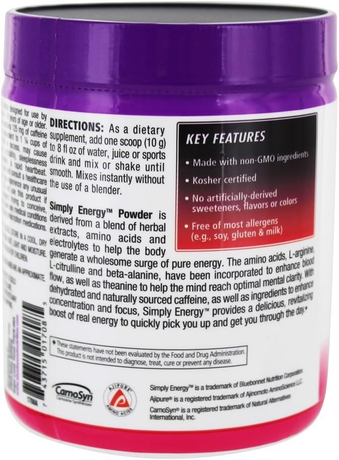 Bluebonnet Nutrition Simply Energy Powder - No Artificial Colors, Flavors Or Sweeteners - Soy-Free, Gluten-Free, Non-Gmo, Kosher, Dairy-Free, Vegan - 10.58 Oz, 30 Servings - Strawberry Kiwi Flavor