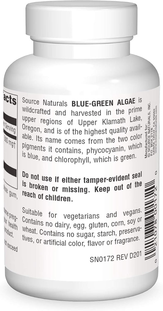 Source Naturals Blue Green Algae From Klamath Lake - Algae Superfood Supplement, 500 Mg - 100 Tablets