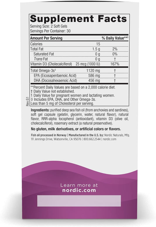 Nordic Naturals Postnatal Omega-3, Lemon - 60 Soft Gels - 1120 Total Omega-3 + 1000 IU Vitamin D3 - Formulated for New Moms; Supports Optimal Wellness, Positive Mood, Healthy Metabolism - 30 Servings