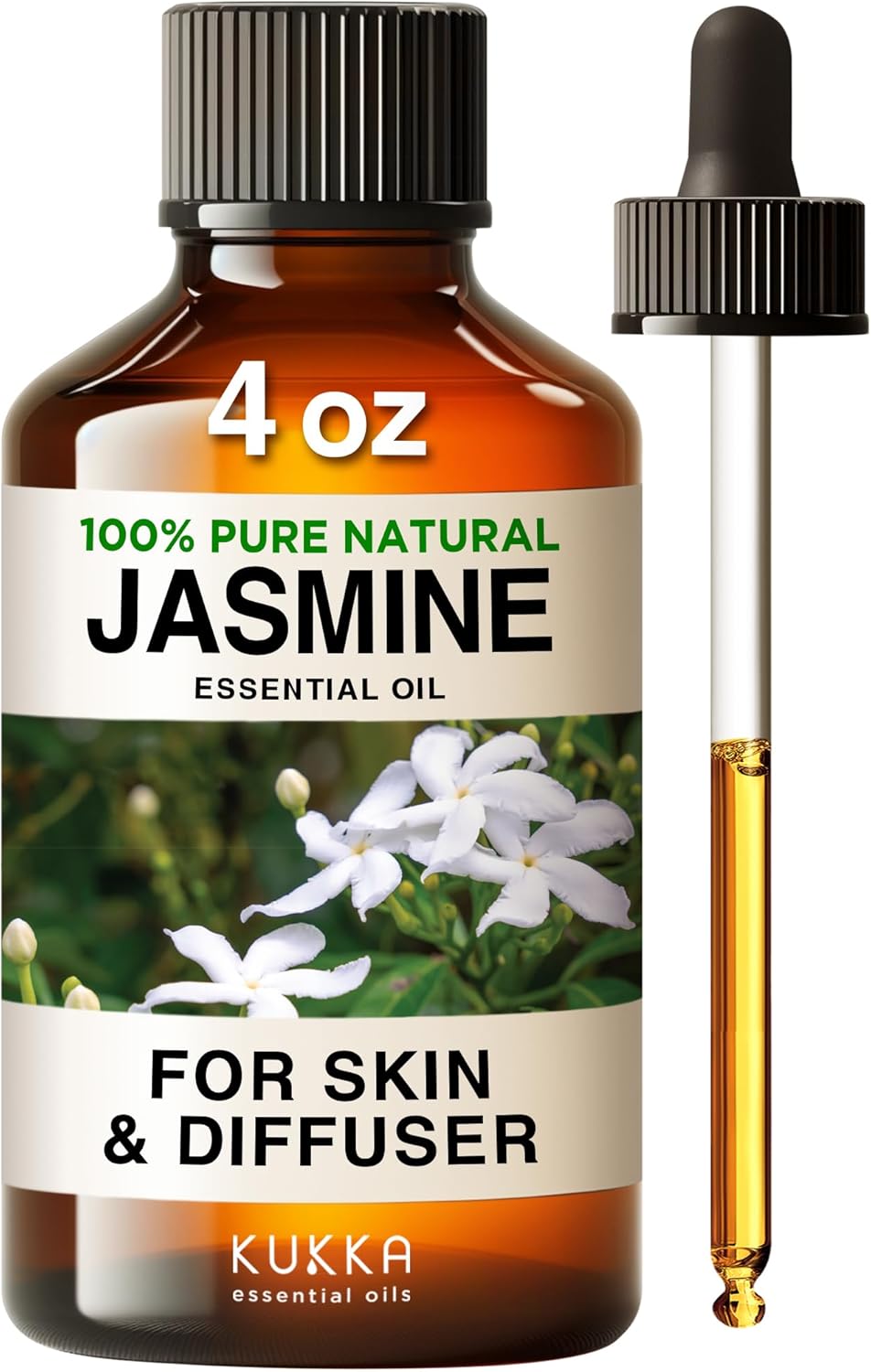 Kukka Jasmine Essential Oil For Diffuser - 4 Fl Oz - 100% Natural Aromatherapy Essential Oils Jasmine Oil For Skin Care Candle And Soap Making Scent & Diy