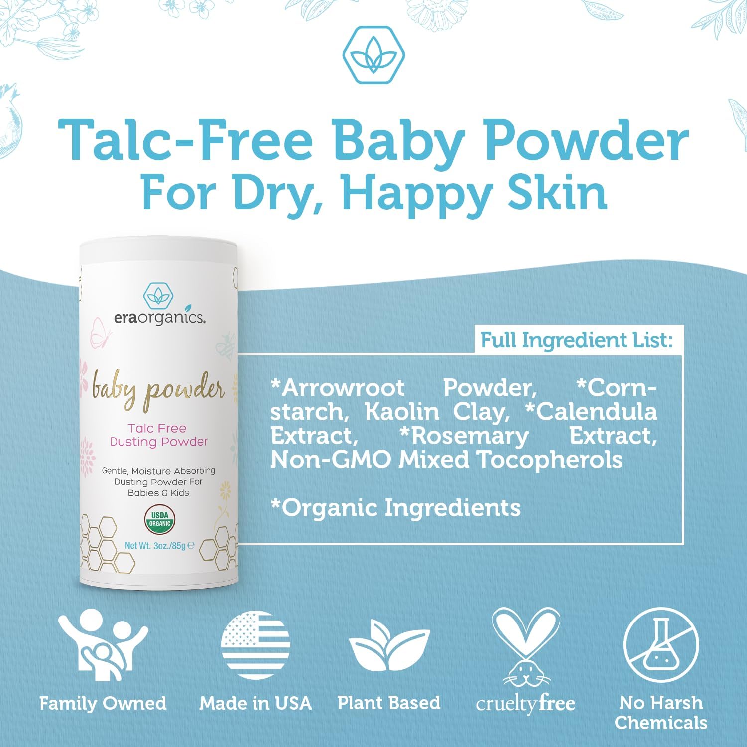 USDA Organic Baby Powder Talc-Free Dusting Powder - Soothing Organic Arrowroot, Calendula and Cornstarch Baby Powder for Newborn, Babies and Toddlers - Made in USA - 3oz/85g : Baby