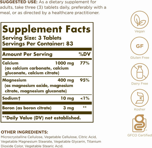 Solgar Calcium Magnesium Plus Boron - 250 Tablets, Pack Of 2 - Non-Gmo, Vegan, Gluten Free, Dairy Free, Kosher - 166 Total Servings