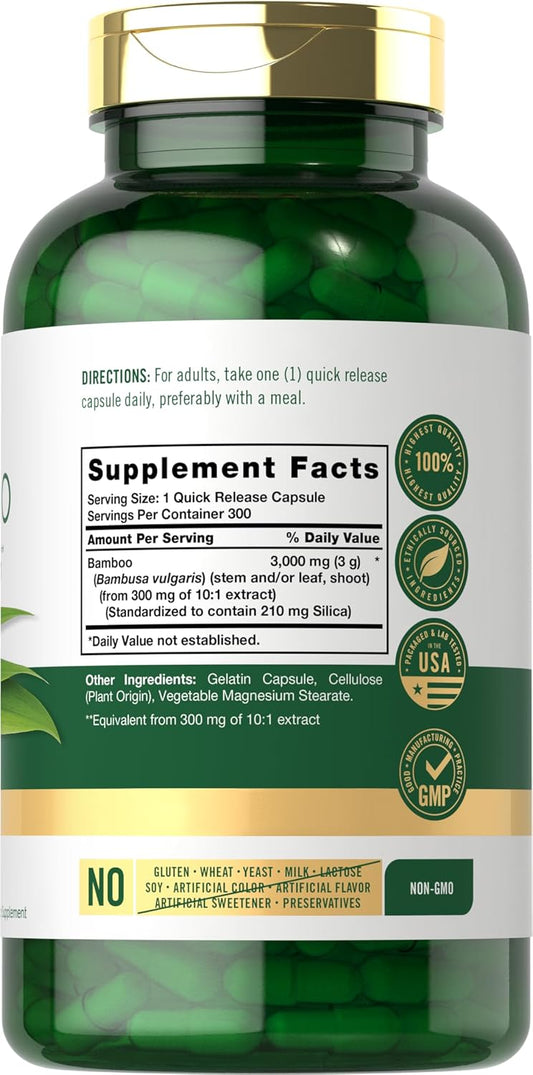 Carlyle Bamboo Extract Capsules | 3000Mg | 300 Count | 210Mg Silica | Non-Gmo, Gluten Free Supplement