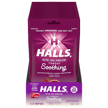 Halls Throat Soothing (Previously Halls Breezers) Cool Berry Throat Drops, 12 Bags Of 25 Drops (300 Total Drops)