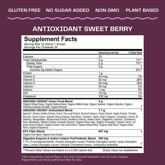 Amazing Grass Greens Superfood Antioxidant: Greens Powder With Organic Spirulina, Beet Root Powder, Elderberry & Probiotics, Sweet Berry, 15 Servings (Packaging May Vary)