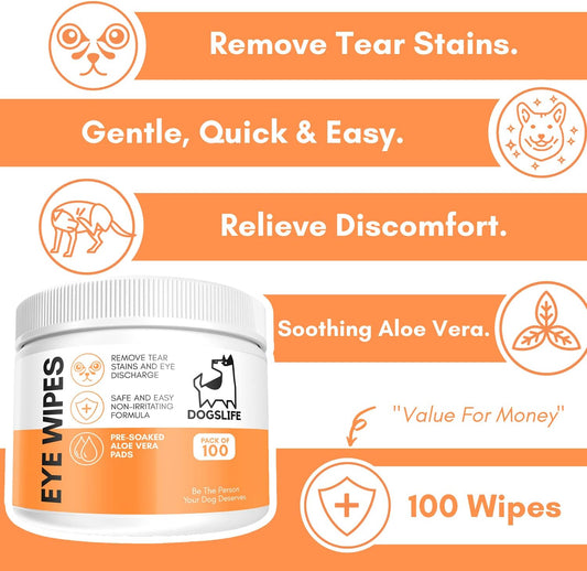 Dog Eye Wipes | Safe & Easy Cleaning Eye Wipes For Dogs | Remove Tear Stains, Dog Eye Crust & Eye Discharge | Pack Of 100 | Soothing Aloe Vera Formula!?DG03