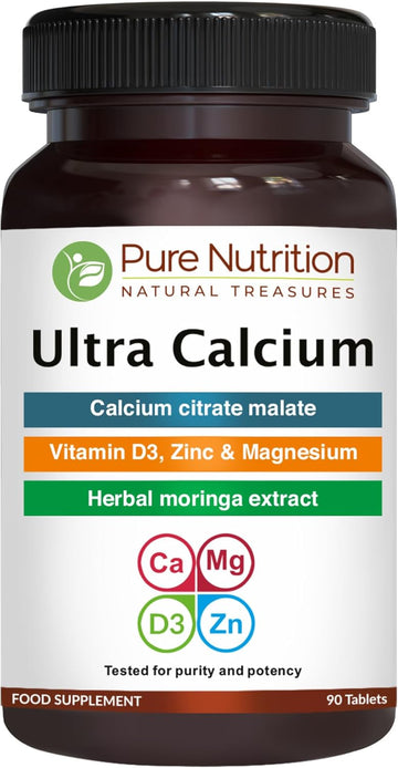 Pure Nutrition Ultra Calcium Citrate 1000Mg Highly Absorbable Calcium Supplement With Calcium Citrate Malate, Vitamin D, Zinc And Magnesium - 1 Tablet Daily (90 Veg Tabs) Non-Gmo | Gluten-Free