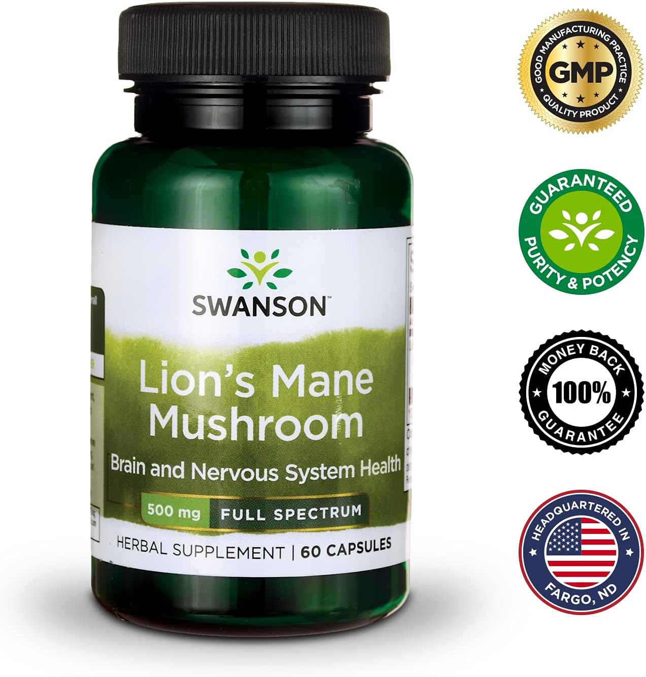 Swanson Lion'S Mane Mushroom - Herbal Supplement Promoting Mental Focus, Clarity, & Memory Support - Traditional Brain Booster Supplement Made From Hericium Erinaceus (60 Capsules, 500Mg Each) 2 Pack