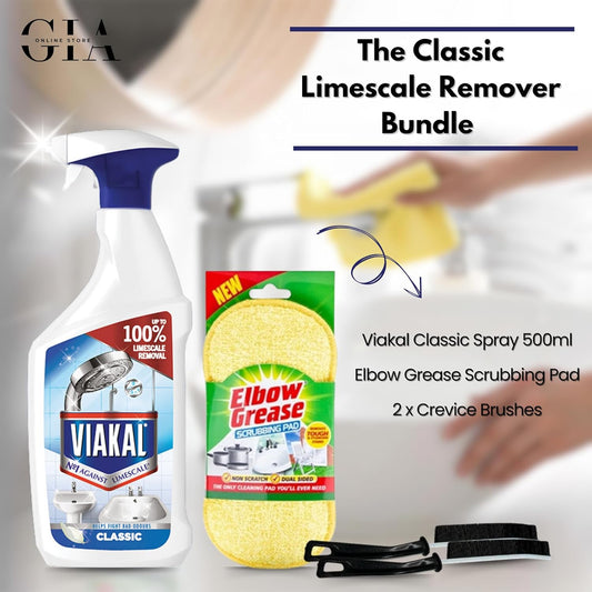 Limescale Remover Spray Bundle: Classic Limescale Remover Spray 500Ml With Elbow Grease Scrubbing Sponge & Crevice Cleaning Brushes - Ideal For Limescale Removal On Toilet, Shower & Kitchen Surfaces
