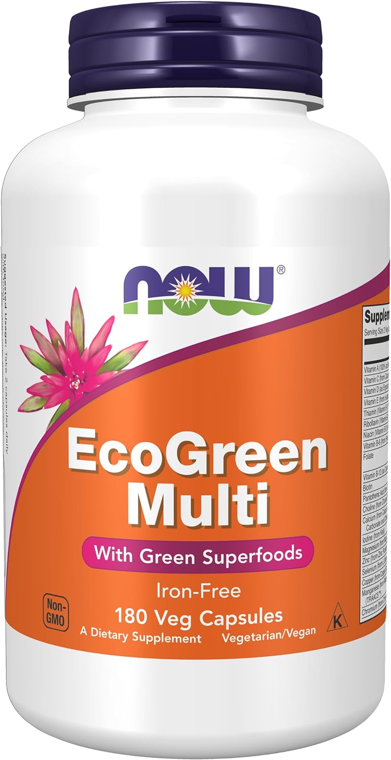 NOW Supplements, EcoGreen Multi Vitamin with Green Superfoods, Iron-Free 180 Veg Capsules