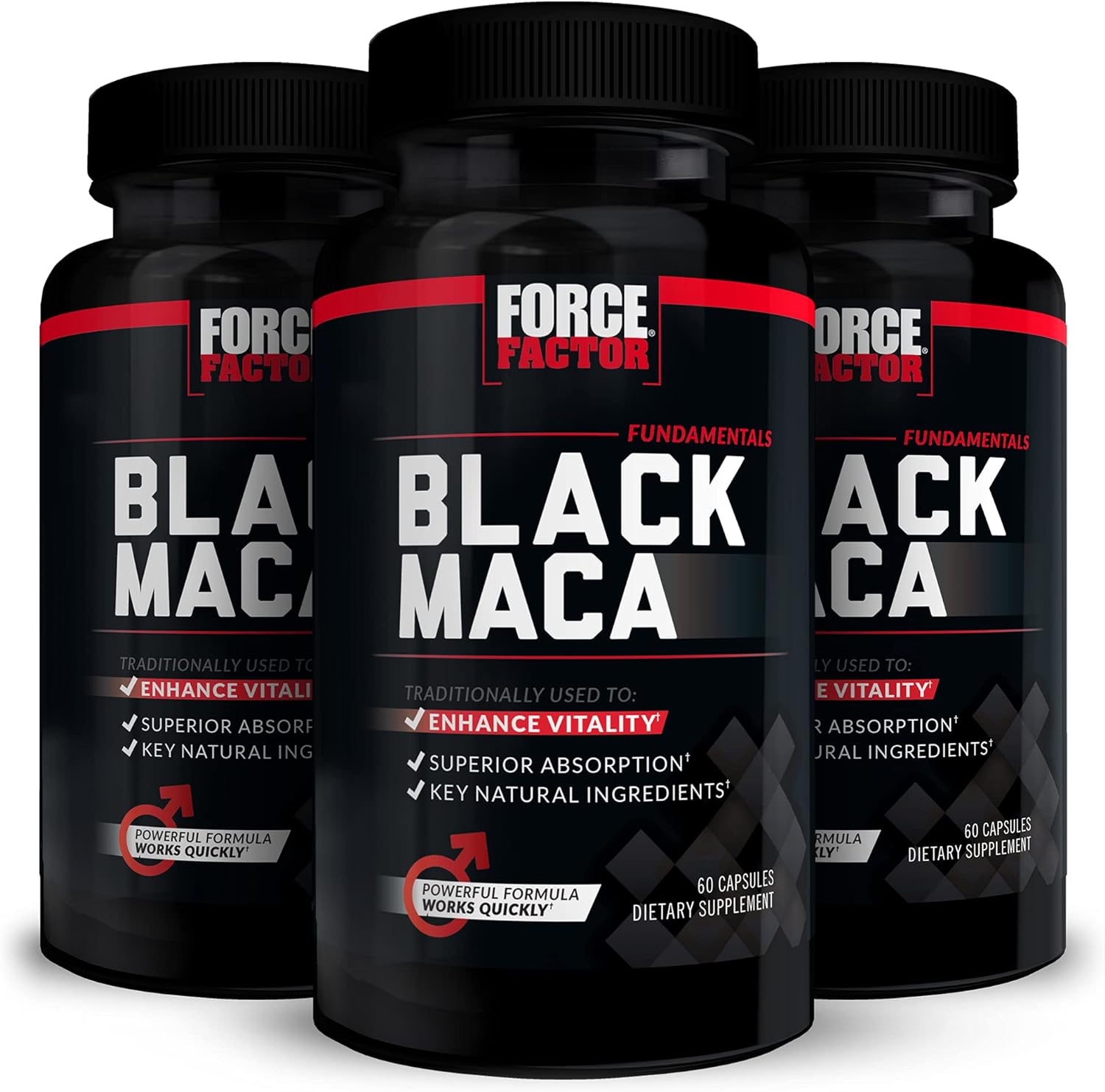 FORCE FACTOR Black Maca Root, 3-Pack, Vitality Supplement for Men with Superior Absorption and Power, Natural Maca Negra Extract, Fundamentals Series, 1000mg, 180 Capsules