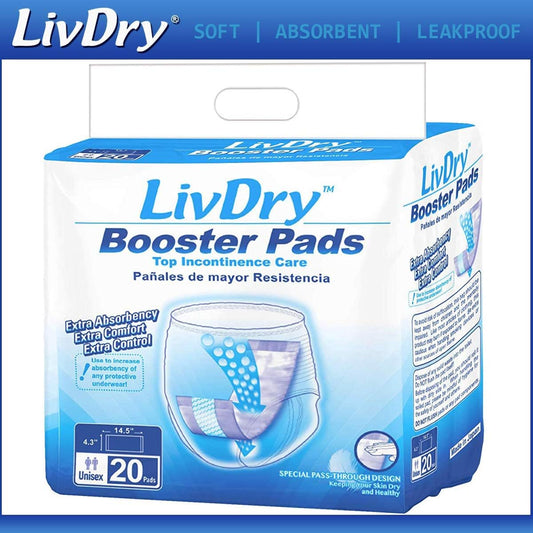 LivDry Incontinence Booster Pads, Use with Adult Diapers for Women and Men, Extra Comfort Softness, Disposable Pad (20 Count, Regular Length)