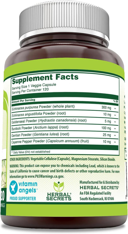 Herbal Secrets Echinacea & Goldenseal Root 450 Mg 120 Veggie Capsules Supplement | Non-Gmo | Gluten Free | Made In Usa