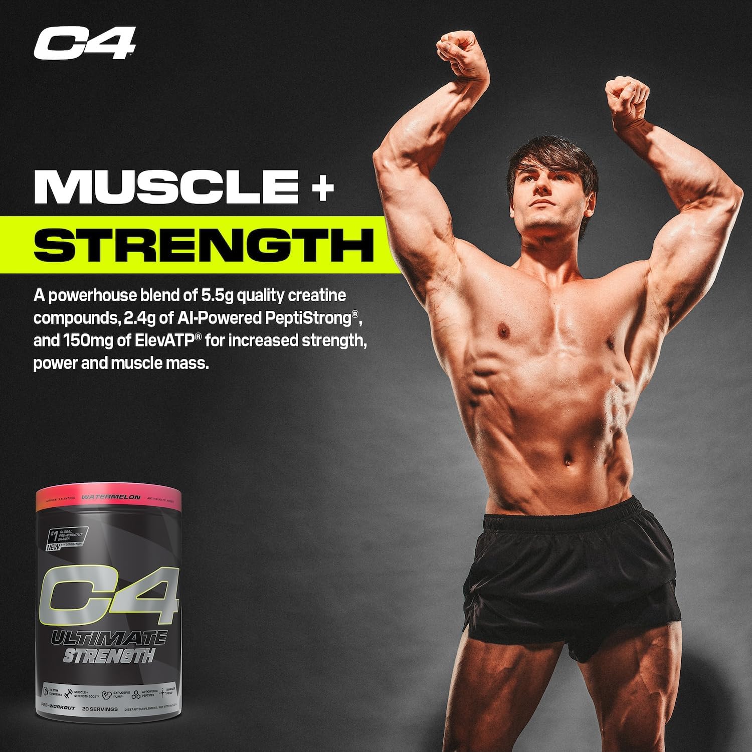 Cellucor C4 Ultimate Strength Pre Workout Powder - Tri-Stim Experience 300Mg Caffeine+Teacrine+Dynamine - Creatine & Beta-Alanine - Energy Supplement For Men & Women - Watermelon, 20 Servings : Health & Household