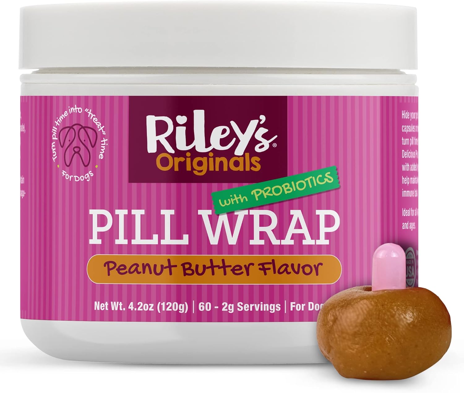 Riley'S Pill Wrap For Dogs With Probiotics - Delicious Peanut Butter Flavored Pill Paste For Dogs - Wrap Pills, Capsules, Tablets In A Pocket Or Pouch To Mask The Taste & Make Pill Time Fun - 4.2 Oz