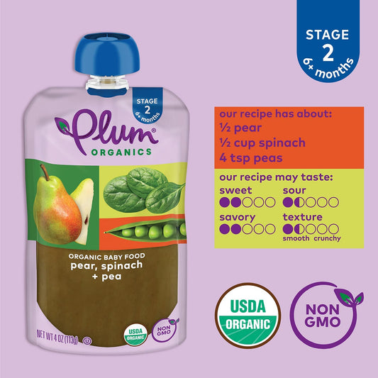 Plum Organics Stage 2 Organic Baby Food - Pear, Spinach, And Pea - 4 Oz Pouch (Pack Of 4) - Organic Fruit And Vegetable Baby Food Pouch