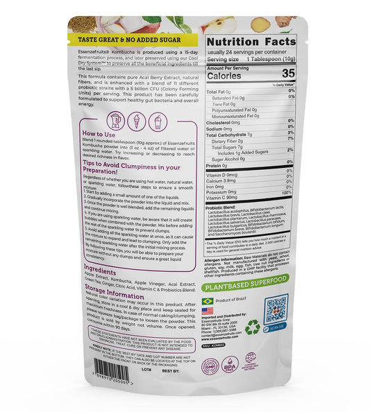 Essenzefruits Acai Kombucha Tea Powder Mix Beverage – Sugar Free, Fermented & Dried - Just Add Water! Live Probiotics & Prebiotic Blend, Vitamin C - Makes Up To 30 Cups (8 Oz, 226G)