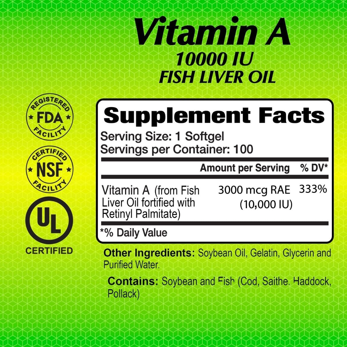 Alfa Vitamins - Vitamin A - Fish Liver Oil 10,000 Iu - Daily Dietary Supplement Helps Supports Vision, Skin And Immune System - 100 Softgels : Health & Household