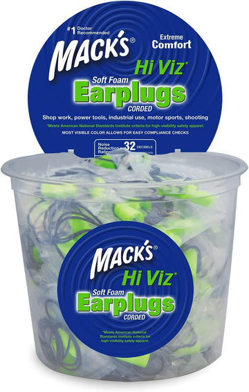 Mack?s Hi Viz Soft Foam Earplugs, 100 Pair Tub ? Most Visible Color, Easy Compliance Checks, 32dB High NRR ? Comfortable, Safe Ear Plugs for Shop Work, Industrial Use, Motor Sports and Shooting