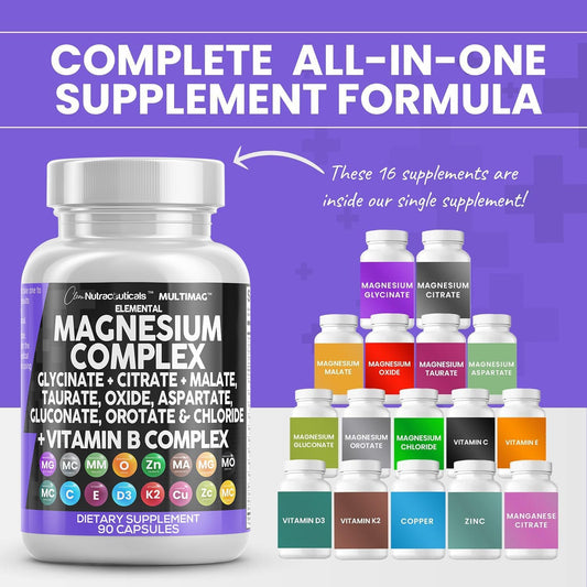 Magnesium Complex 2285Mg With Magnesium Glycinate Citrate Malate Oxide Taurate Aspartate Gluconate Orotate & Mag Chloride, Zinc Copper Manganese & Vitamin C B1 B2 B6 B12 Complex - 90 Count