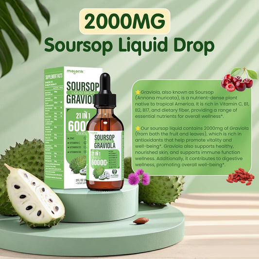 21-In-1 Soursop Graviola Liquid Drop, Soursop Bitters Liquid 2000Mg Organic Soursop Leaves & Fruit With 300Mg Sea Moss, Zinc, Vitamins For Cellular, Immune, Skin, Digestive, Natural Flavor, 60Ml