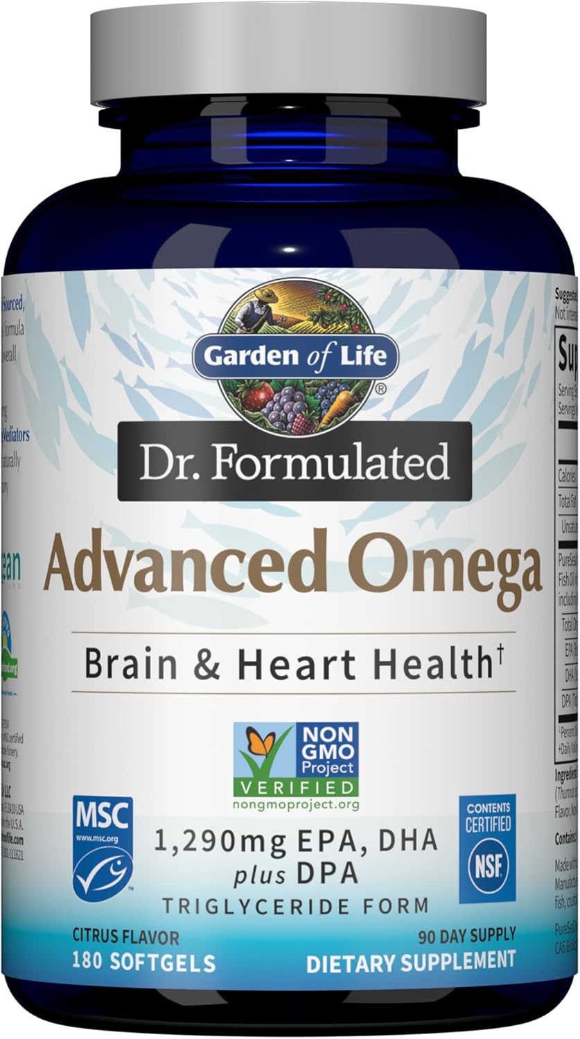 Garden Of Life Dr. Formulated Advanced Omega Fish Oil - Lemon, 1,290Mg Epa, Dha + Dpa In Triglyceride Form, Single Source Omega 3 Supplement For Ultimate Brain & Heart Health, Non-Gmo, 60 Softgels
