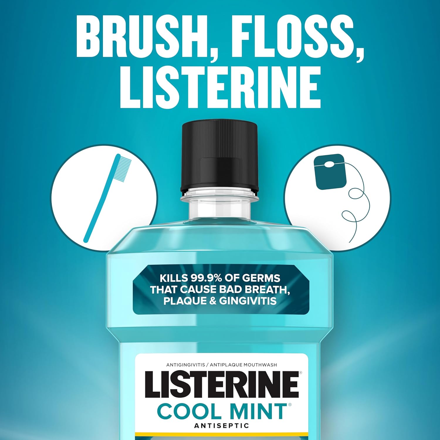 Listerine Cool Mint Antiseptic Mouthwash, Bad Breath, Plaque & Gingivitis, Mint, 1 L : Health & Household