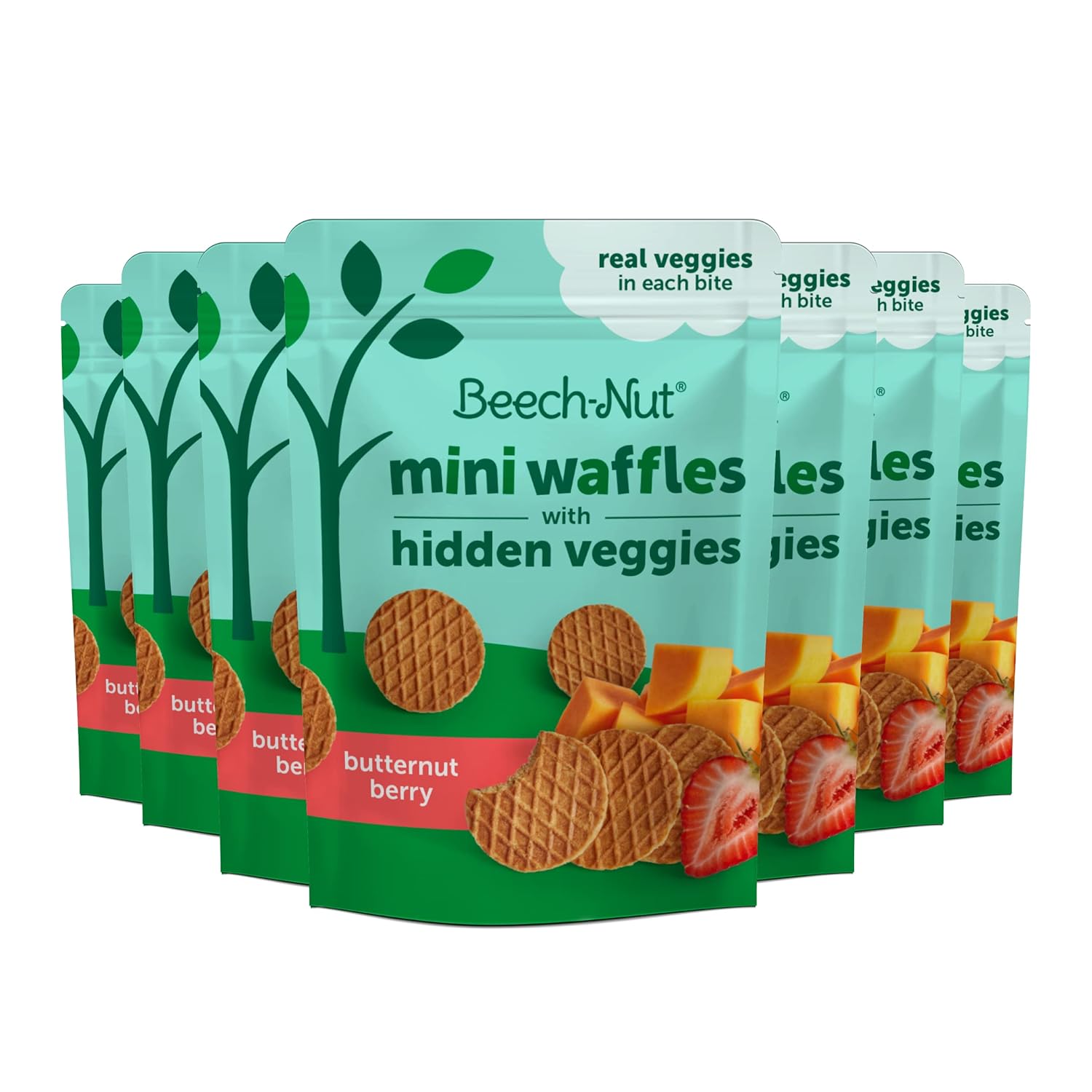 Beech-Nut Toddler Snacks, Mini Waffles With Hidden Veggies, Butternut Berry, Non-Gmo, 3.2 Oz Bag (7 Pack)