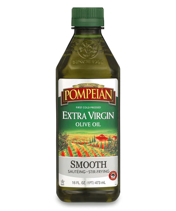 Pompeian Smooth Extra Virgin Olive Oil, First Cold Pressed, Mild And Delicate Flavor, Perfect For Sauteing And Stir-Frying, Naturally Gluten Free, Non-Allergenic, Non-Gmo, 16 Fl. Oz., Single Bottle