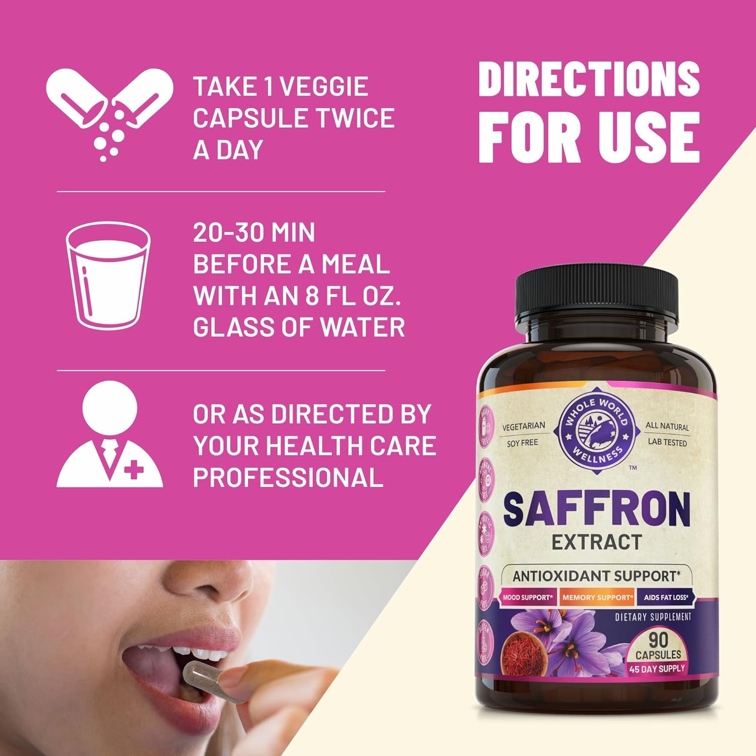 Saffron Supplements - 100% Pure Saffron Extract for Weight Loss - Mood Enhancer & Metabolism Booster. Natural Appetite Suppressant Diet Pills for Women & Men. Made in USA. 90 Servings. : Health & Household